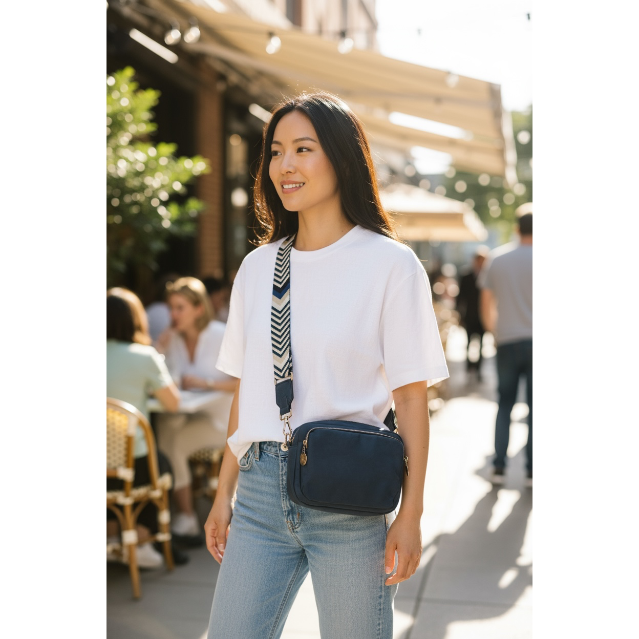 Navy Blue Crossbody Bag with Chevron Strap