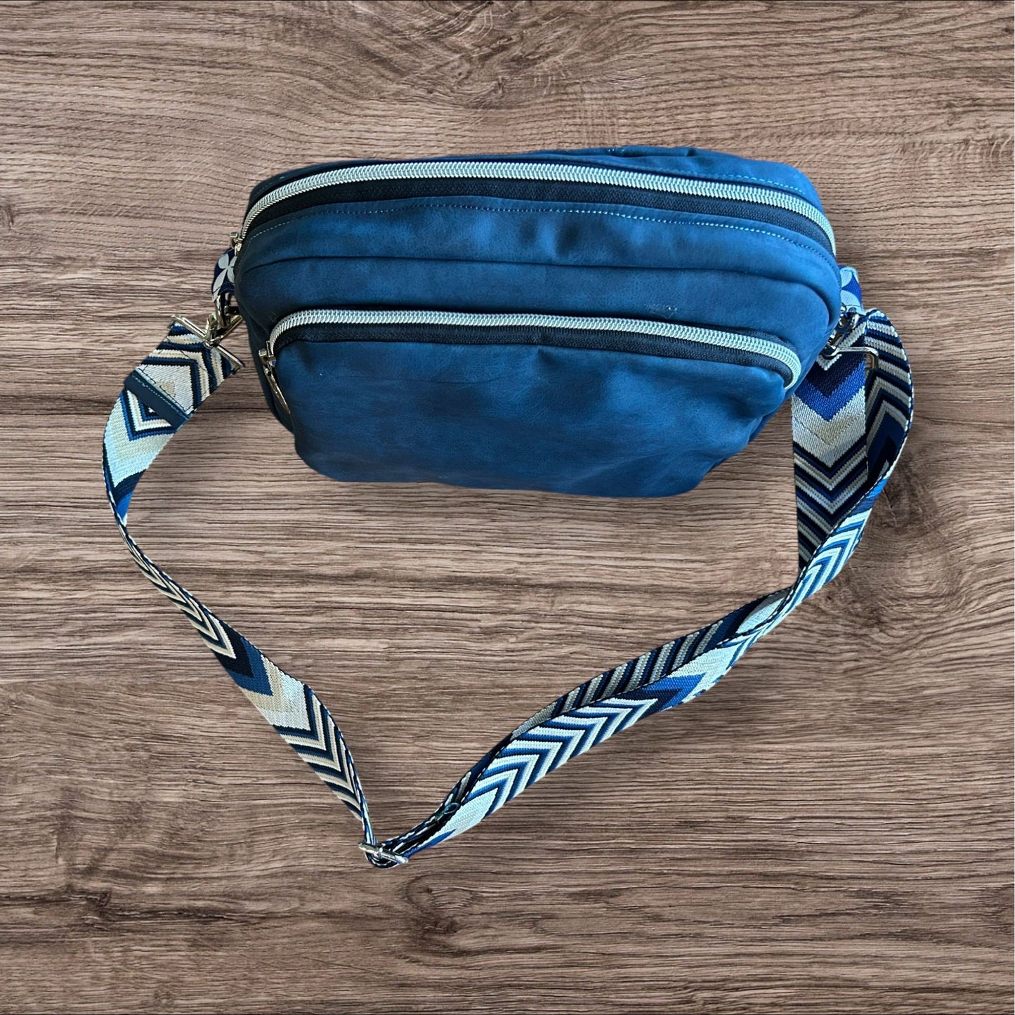 Navy Blue Crossbody Bag with Chevron Strap